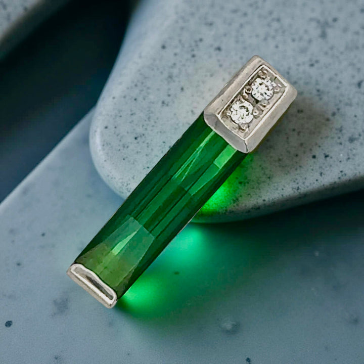 Custom Made Elongated Green Tourmaline and Diamond Platinum Pendant