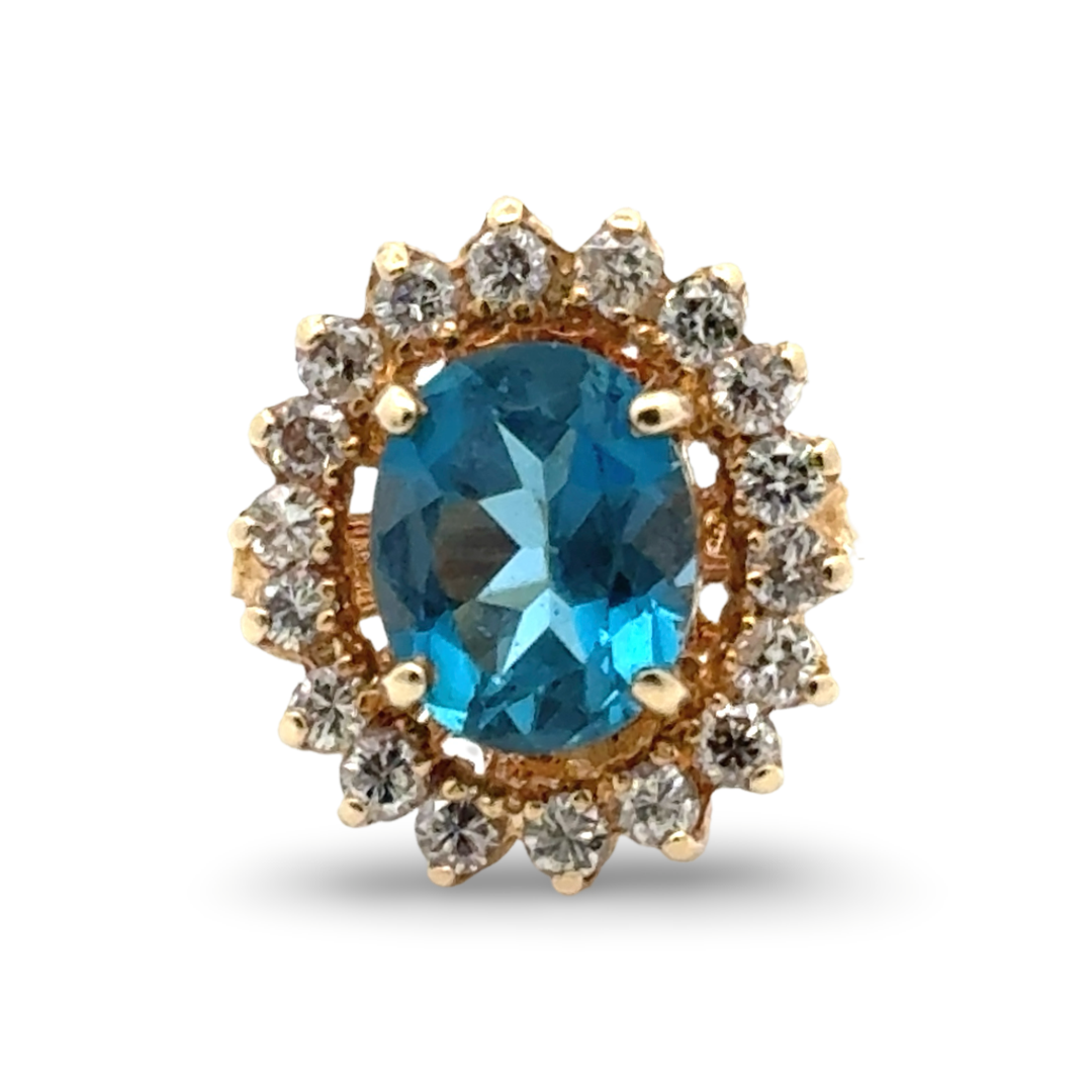 Oval Blue Topaz, Diamond and 14K Yellow Gold Ring