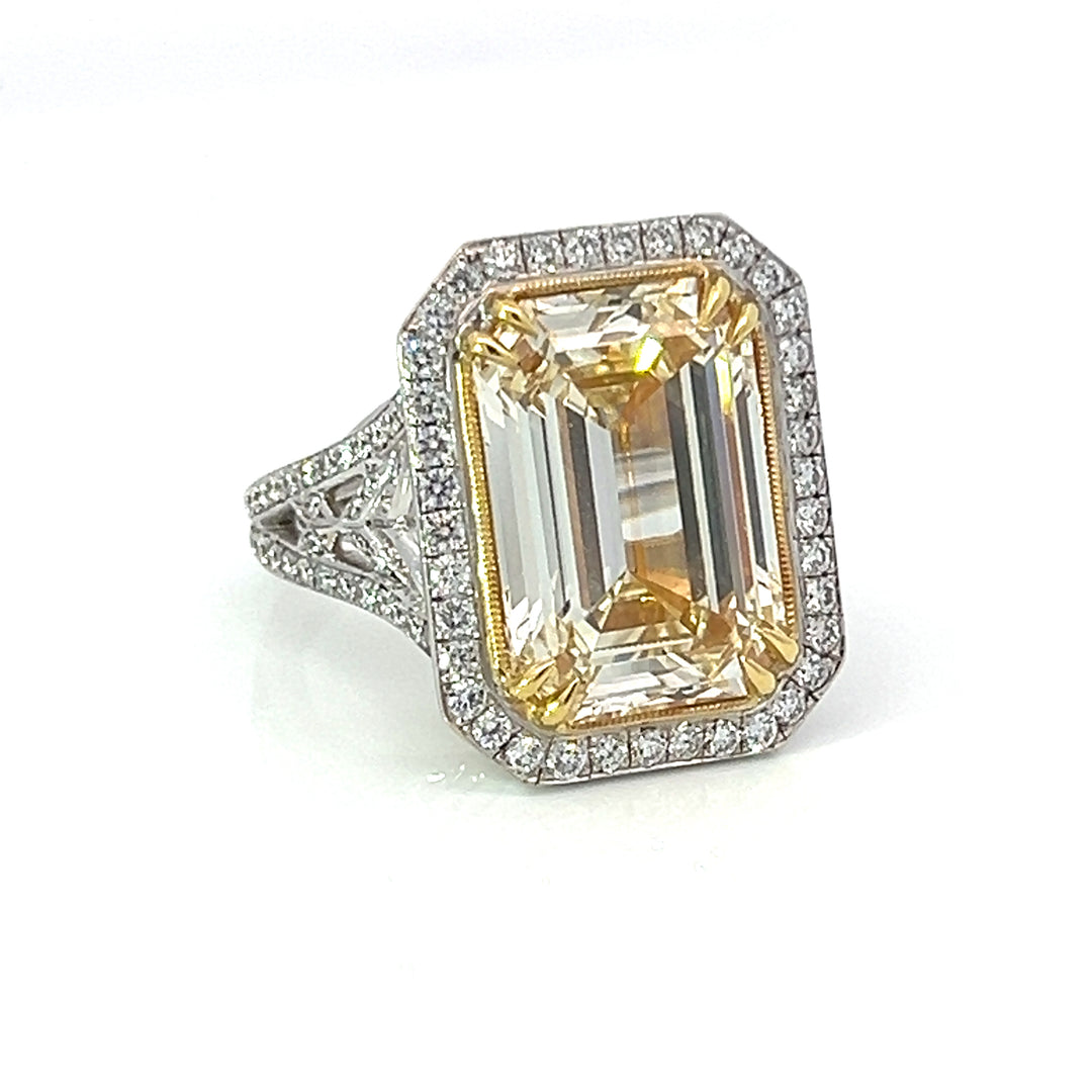 10.05 Carat Emerald Cut Yellow Diamond and 18K Gold Estate Ring