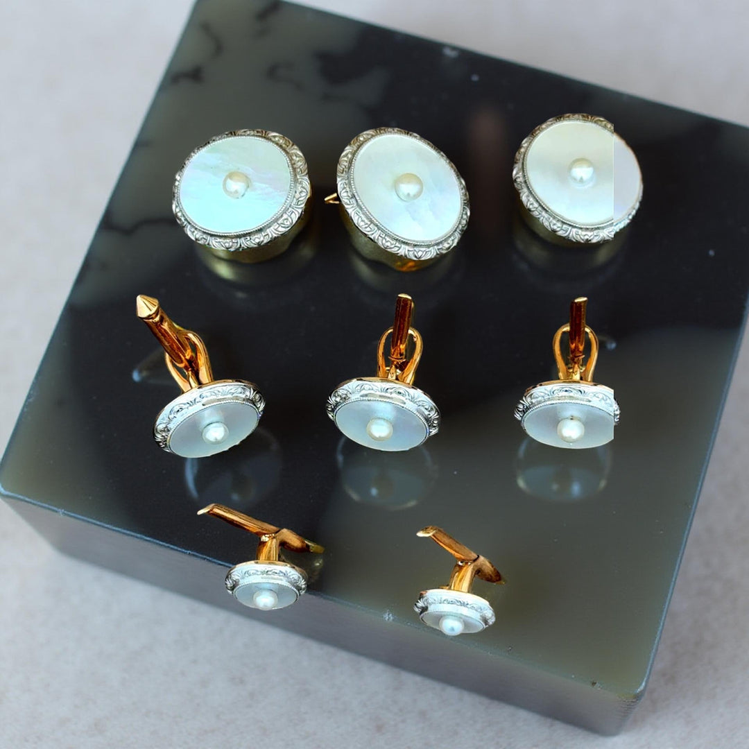 Mother of Pearl Tuxedo Shirt Studs & Matching Double Sided Cuff Link (Set in Original Box)