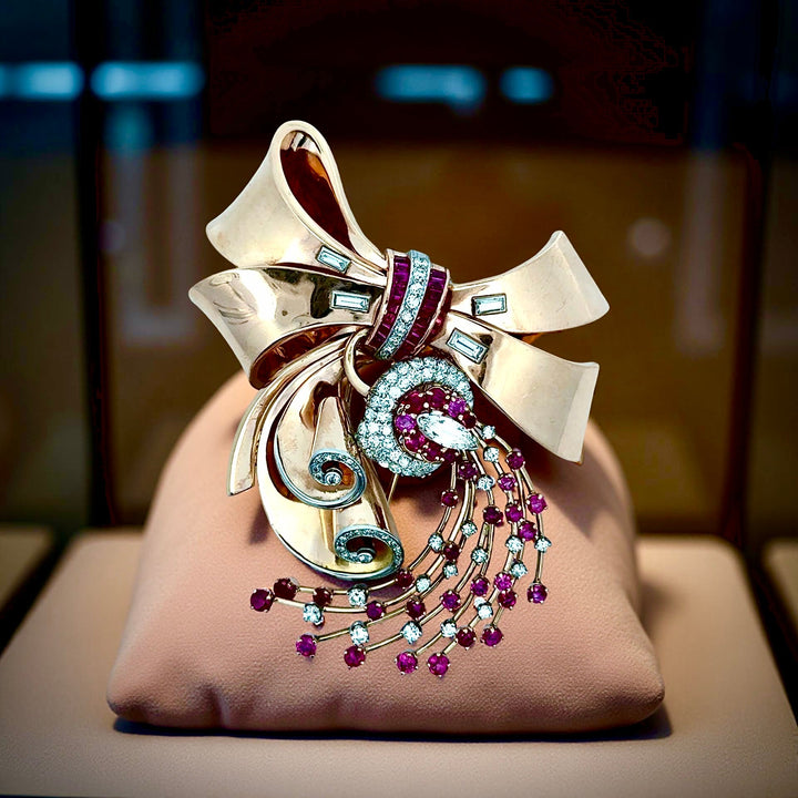 Retro 1940's Diamond, Ruby and 14k Rose Gold Pendant/Brooch