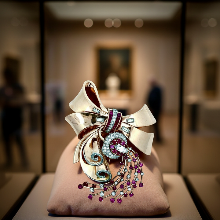 Retro 1940's Diamond, Ruby and 14k Rose Gold Pendant/Brooch