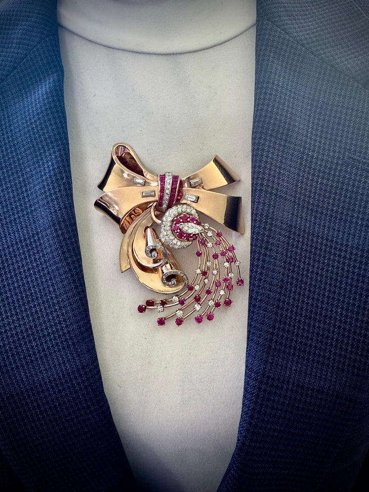 Retro 1940's Diamond, Ruby and 14k Rose Gold Pendant/Brooch