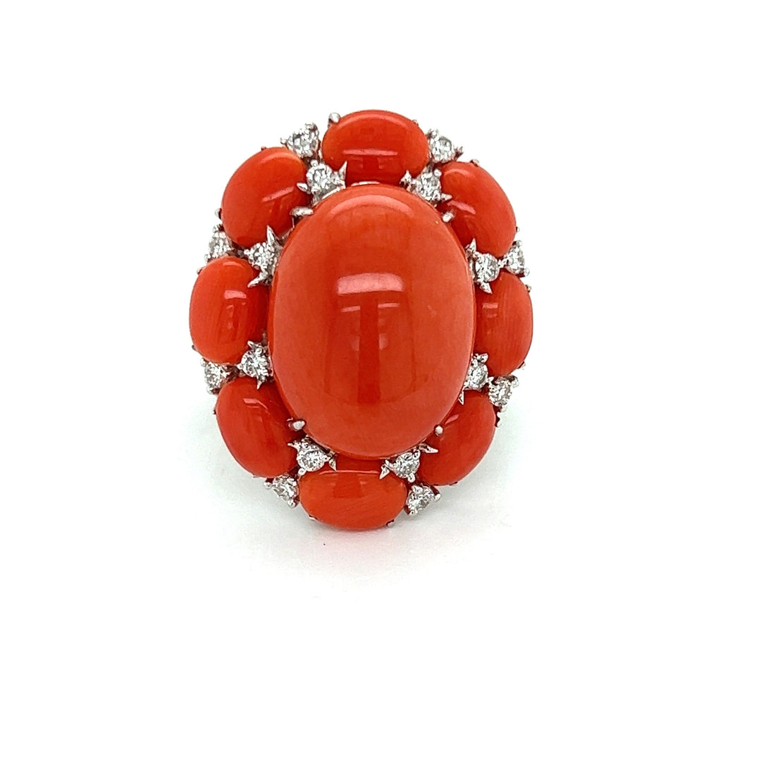 Coral, Diamond and 18K White Gold Ring