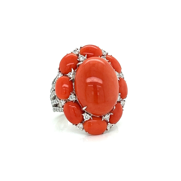 Coral, Diamond and 18K White Gold Vintage Statement Ring