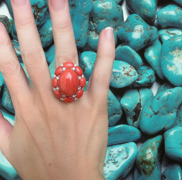 Coral, Diamond and 18K White Gold Ring