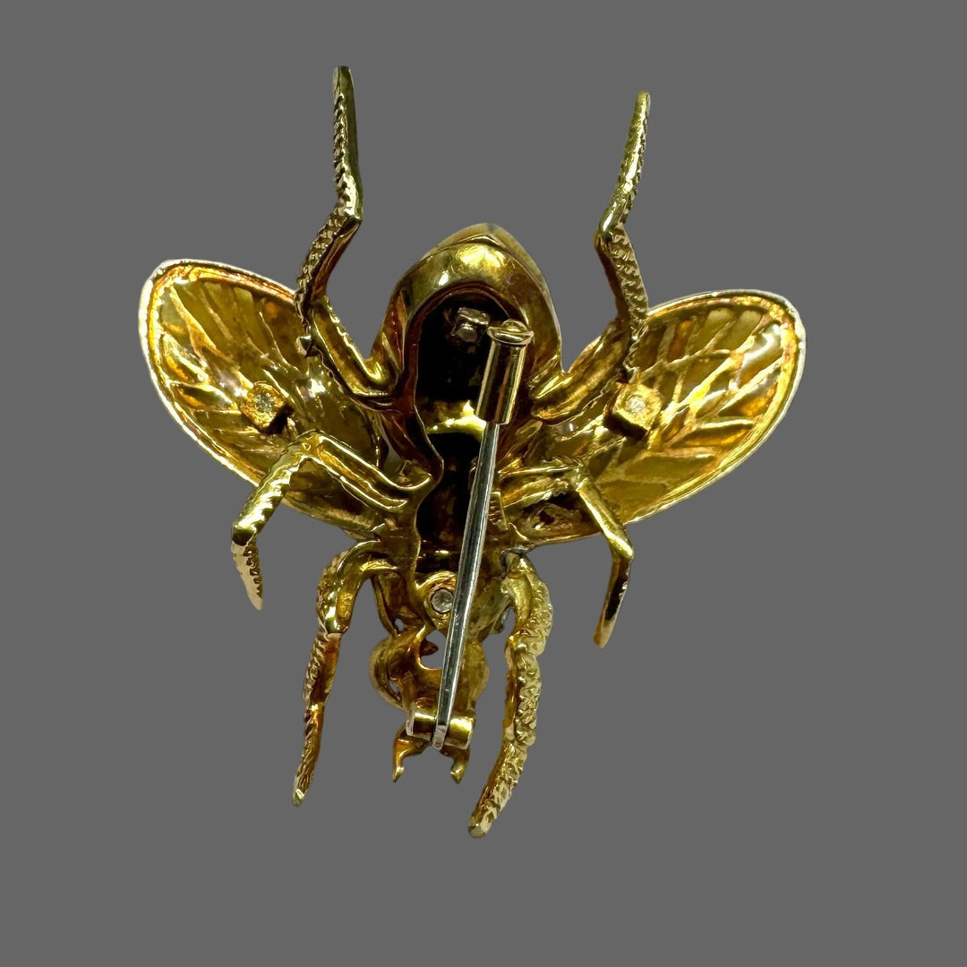 Vintage Black & Yellow Plique-A-Jour Enamel and Old European Cut Diamond 18K Yellow Gold Bee Brooch
