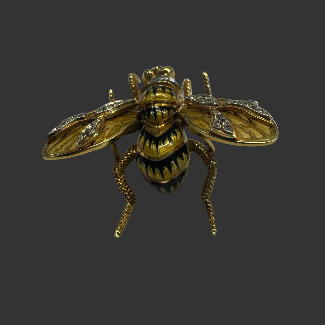 Vintage Black & Yellow Plique-A-Jour Enamel and Old European Cut Diamond 18K Yellow Gold Bee Brooch