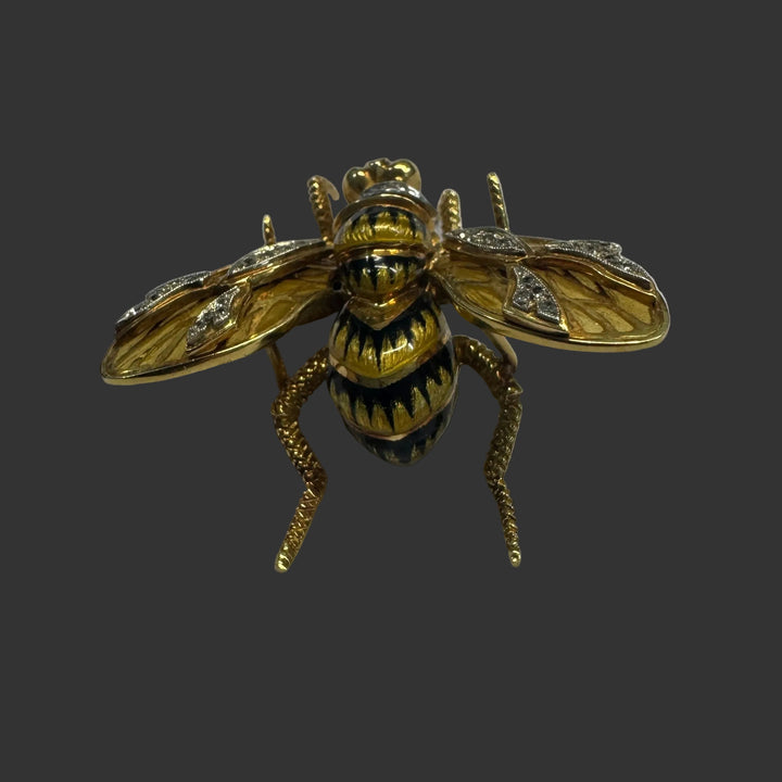 Vintage Black & Yellow Plique-A-Jour Enamel and Old European Cut Diamond 18K Yellow Gold Bee Brooch