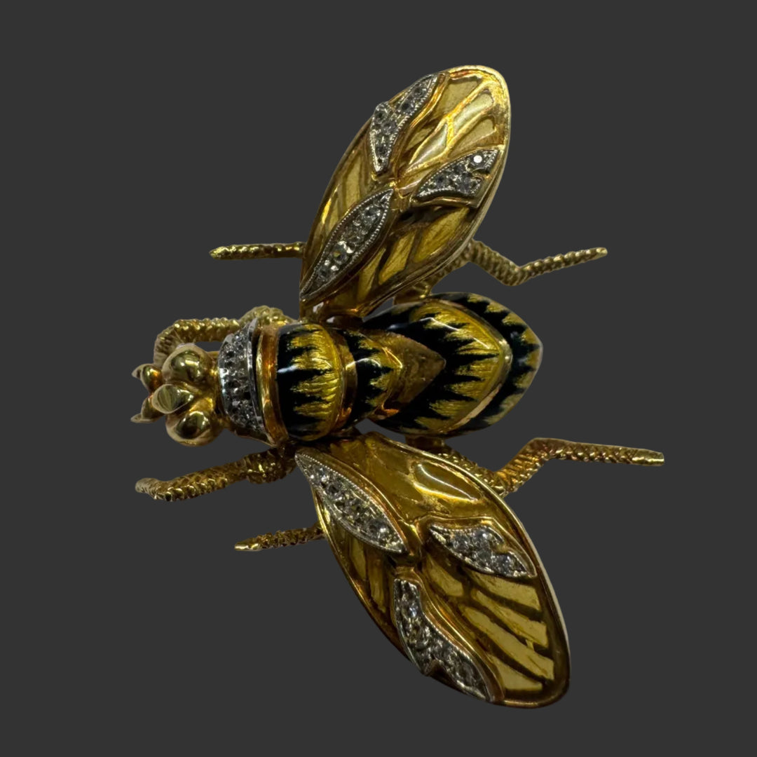 Vintage Black & Yellow Plique-A-Jour Enamel and Old European Cut Diamond 18K Yellow Gold Bee Brooch
