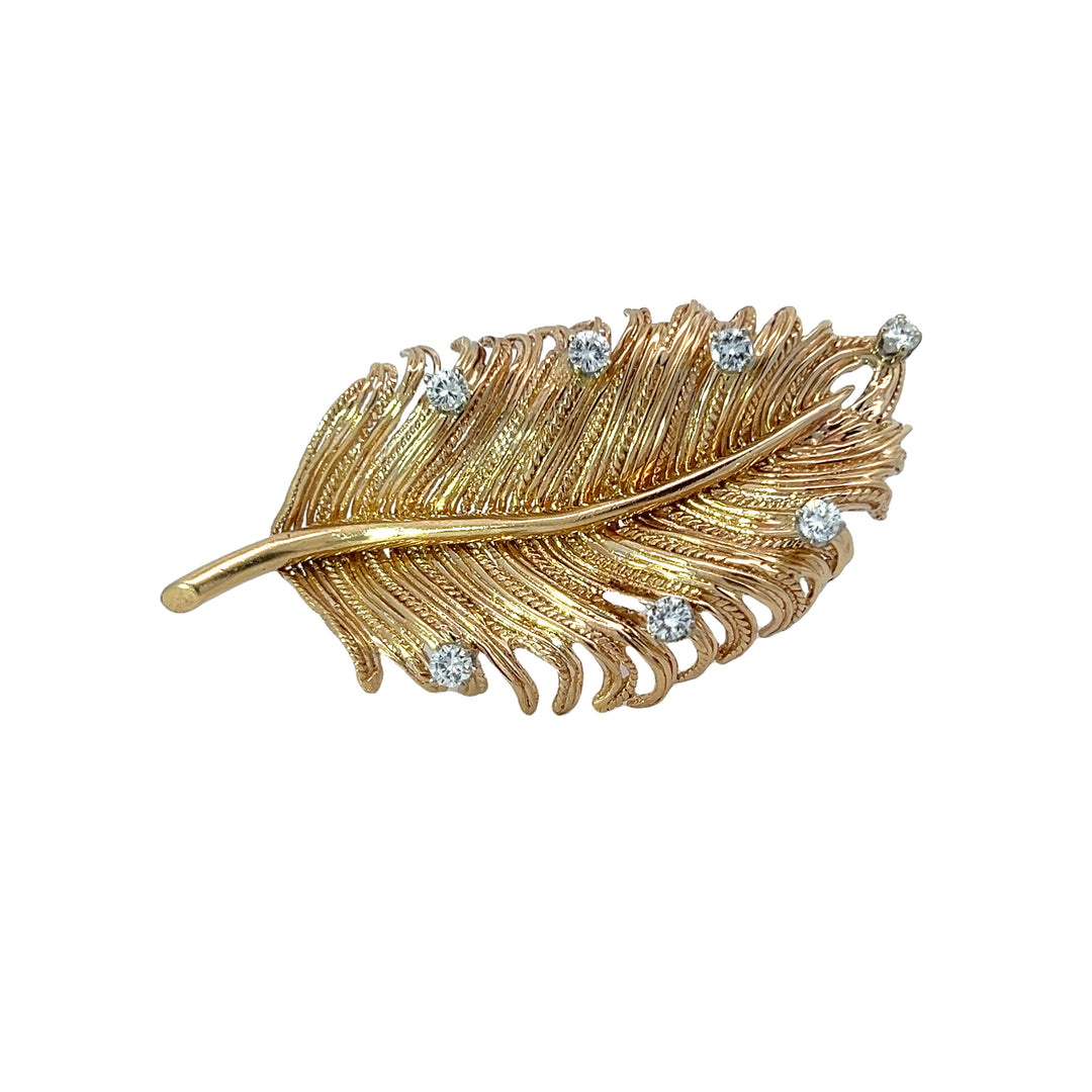1960s Vintage Diamond and 14K Yellow Gold Leaf Brooch