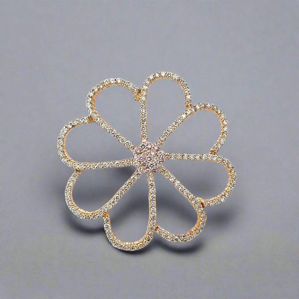 Natural 2.85 Carat Diamond and Rose Gold Flower Brooch