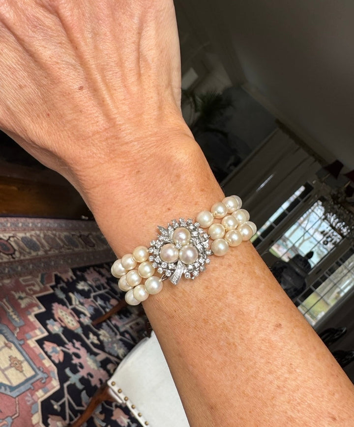Multi Row Cultured Pearl and Diamond 14k White Gold Bracelet