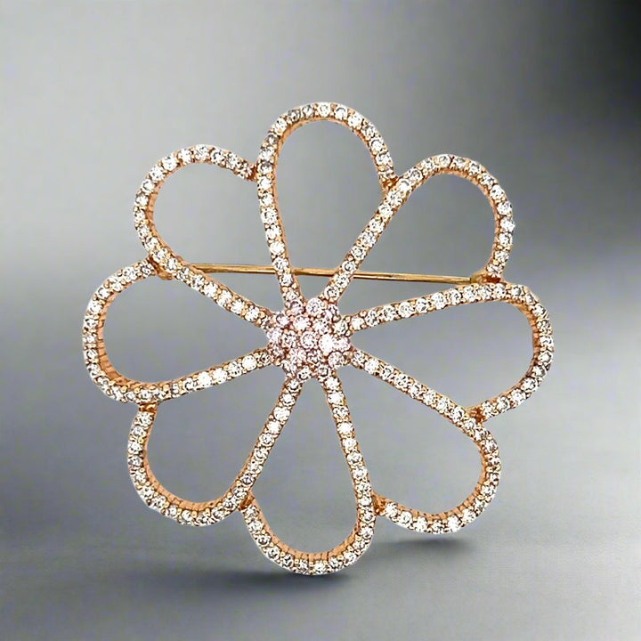 Natural 2.85 Carat Diamond and Rose Gold Flower Brooch