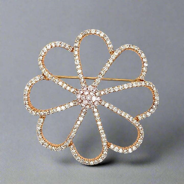 Natural 2.85 Carat Diamond and Rose Gold Flower Brooch