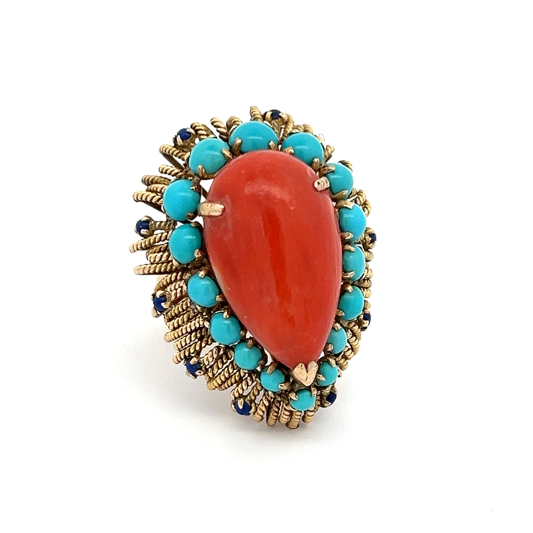 Coral, Turquoise, Lapis Lazuli and Yellow Gold Cocktail Ring