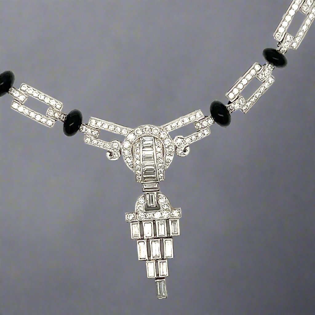 Diamond, Onyx and Platinum Art Deco Style Necklace
