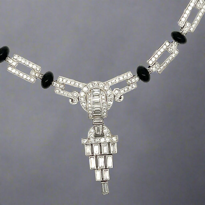 Diamond, Onyx and Platinum Art Deco Style Necklace