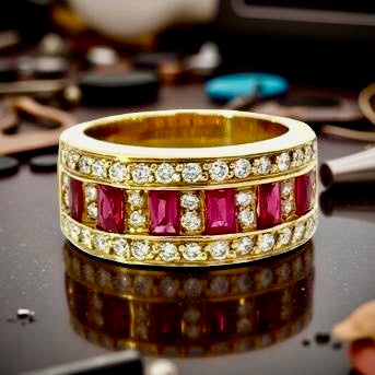 Designer EMJ Ruby and Diamond 18K Yellow Gold Ring