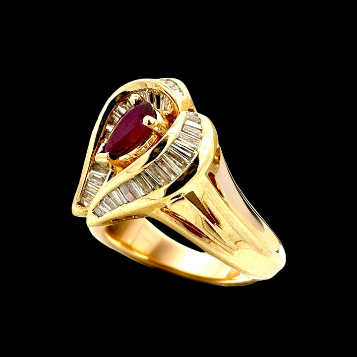 Estate Fine .80 ct Pear Shape Ruby & 1.37 cttw Diamond Yellow Gold Ring 15062