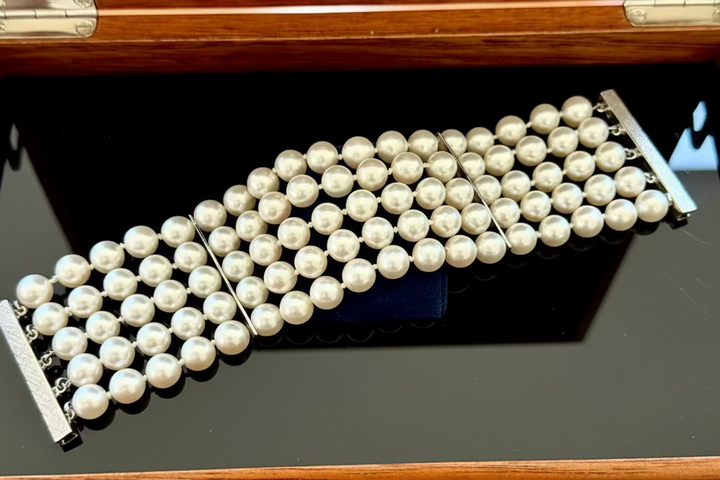 Italian 5 Row 7.75-8.50mm Cultured Pearl 14K White Gold Wide Bracelet