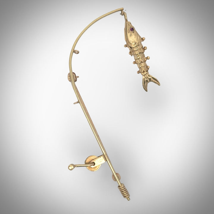 THe Wicked Tuna Fisherman Captain 14k Yellow Gold Articulating Fishing Pole and Reel Brooch