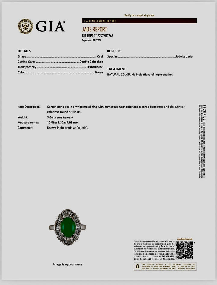 Estate Natural Color Jadeite & Diamond Platinum Ring (GIA)