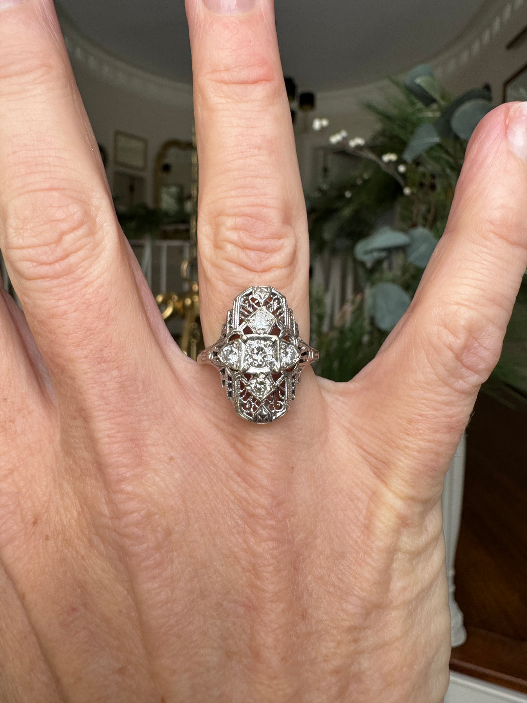 Estate Filigree Diamond and 14K White Gold Ring