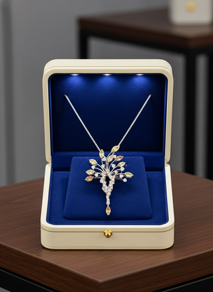 Natural Multi Color Diamond Platinum Necklace and Brooch