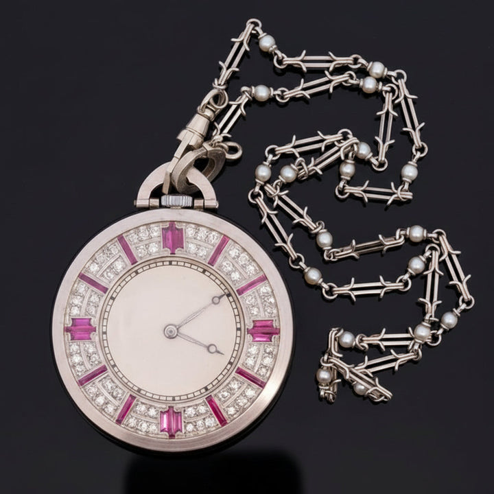Estate Art Deco Tiffany & Co. Diamond, Ruby, Pearl Platinum Pocket Watch & Fobe#109737