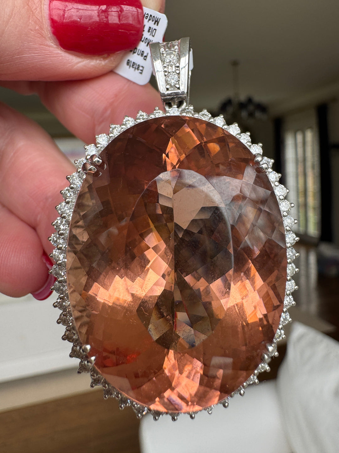 Estate Fine Oval 97.00 ct Morganite & 1.75 cttw Diamond 14K White Gold Pendant 15082