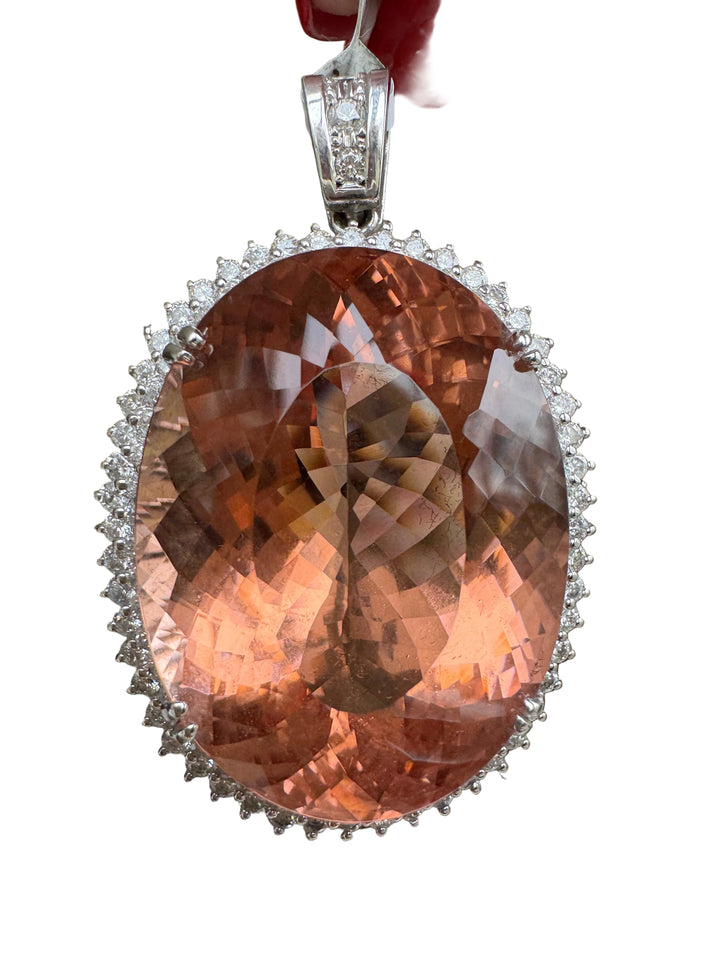 Estate Fine Oval 97.00 ct Morganite & 1.75 cttw Diamond 14K White Gold Pendant 15082
