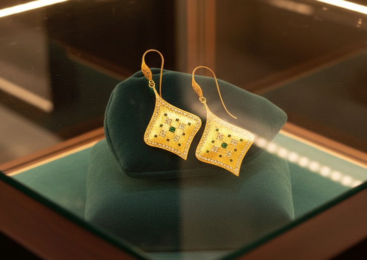 1990's Brush Finish Diamond and Emerald 18k Yellow Gold Earrings