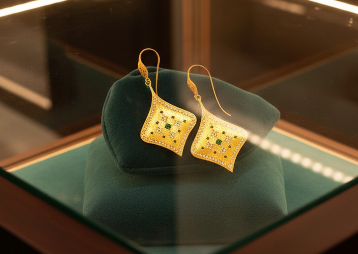 1990's Brush Finish Diamond and Emerald 18k Yellow Gold Earrings