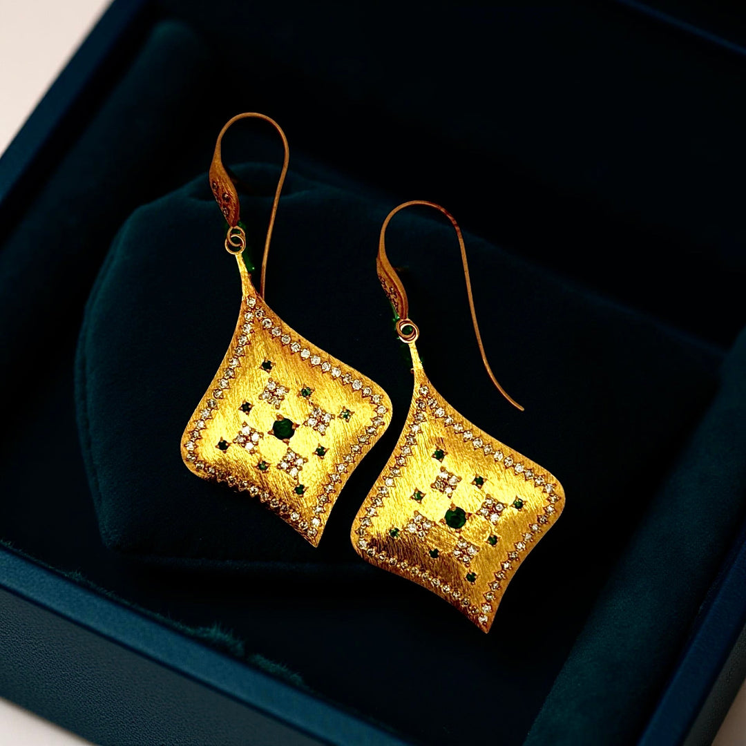 1990's Brush Finish Diamond and Emerald 18k Yellow Gold Earrings