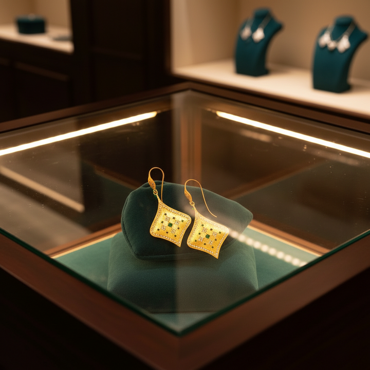 1990's Brush Finish Diamond and Emerald 18k Yellow Gold Earrings