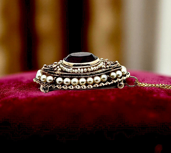 1890's Victorian Amethyst and Seed Pearl Necklace and Brooch