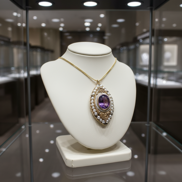 1890's Victorian Amethyst and Seed Pearl Necklace and Brooch