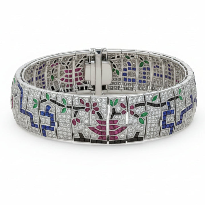 Custom Made Diamond Ruby Emerald Onyx Sapphire 18K White Gold Bracelet