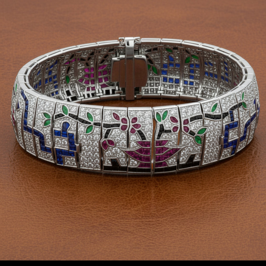 Custom Made Diamond Ruby Emerald Onyx Sapphire 18K White Gold Bracelet