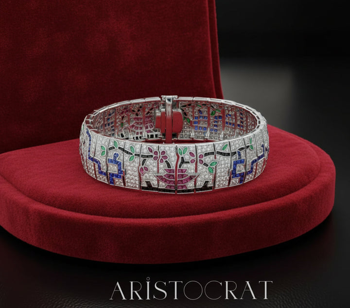 Diamond Ruby Emerald Onyx Sapphire 18K White Gold Bracelet