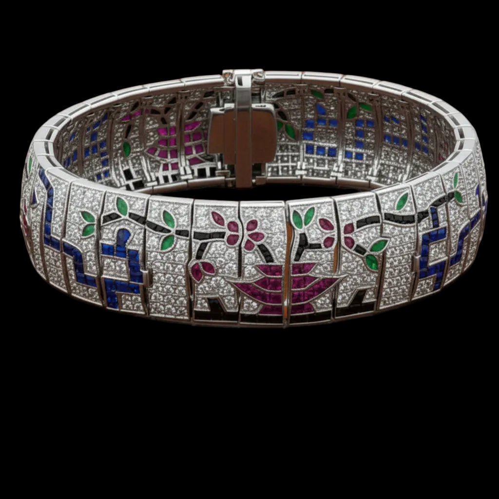 Custom Made Diamond Ruby Emerald Onyx Sapphire 18K White Gold Bracelet