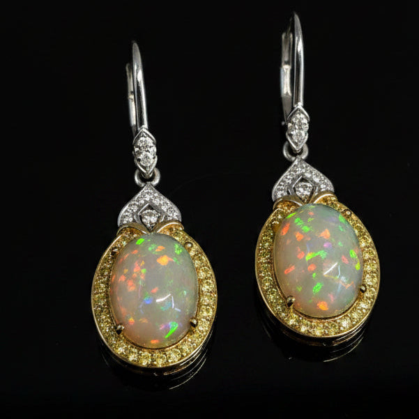 Estate Designer Opal and Fancy Yellow & White Diamond Dangle Earrings