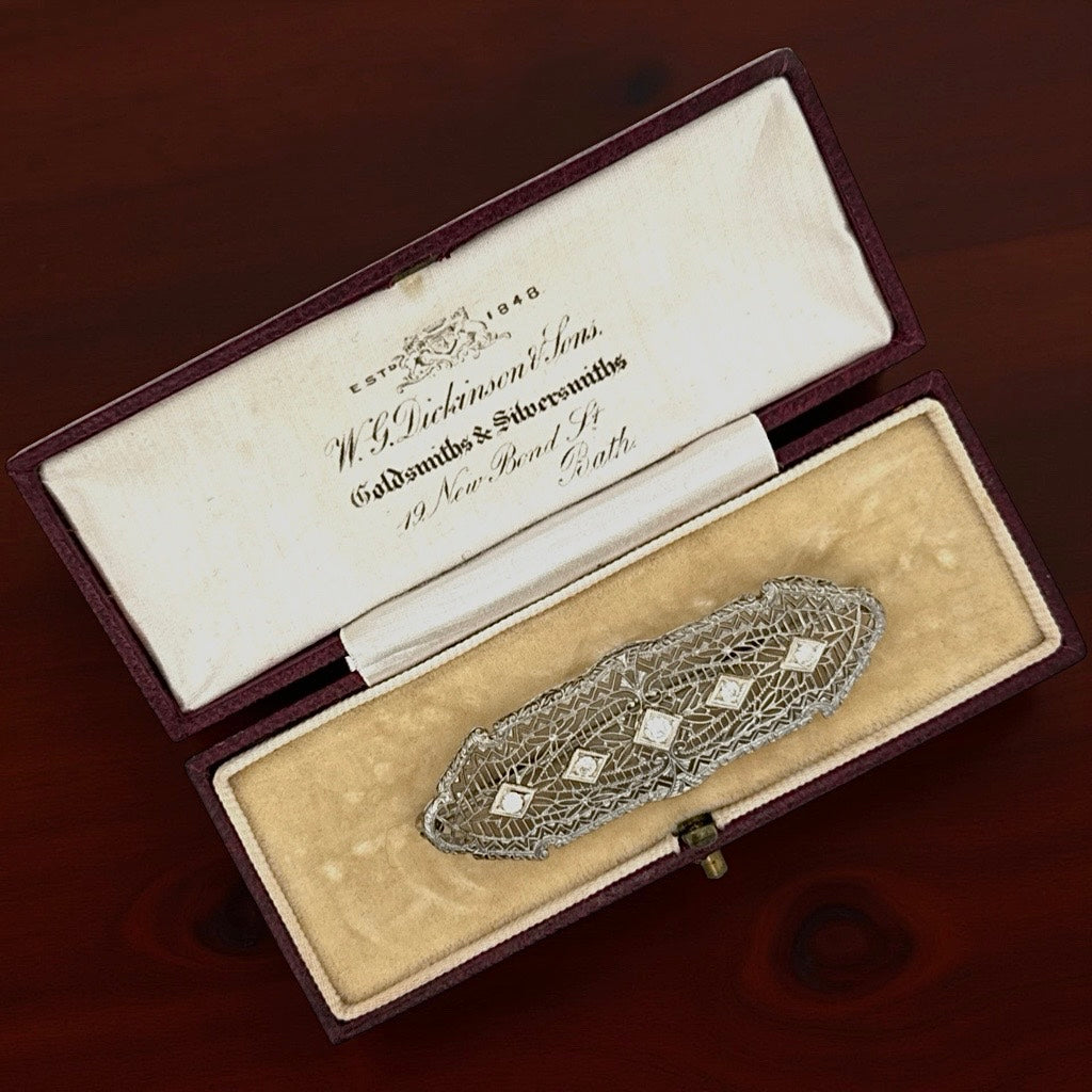 Art Deco 1920's Diamond 14k White Gold Filigree Brooch