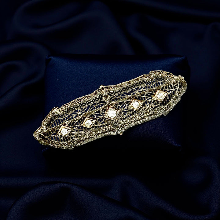 Art Deco 1920's Diamond 14k White Gold Filigree Brooch