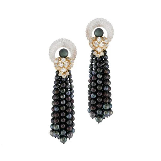 French Designer M. Gerard Rock Crystal, Tahition Pearl and Diamond Ring, Necklace and Earring, 18K Yellow Gold Suite