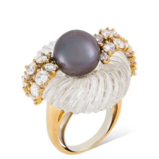 French Designer M. Gerard Rock Crystal, Tahition Pearl and Diamond Ring, Necklace and Earring, 18K Yellow Gold Suite