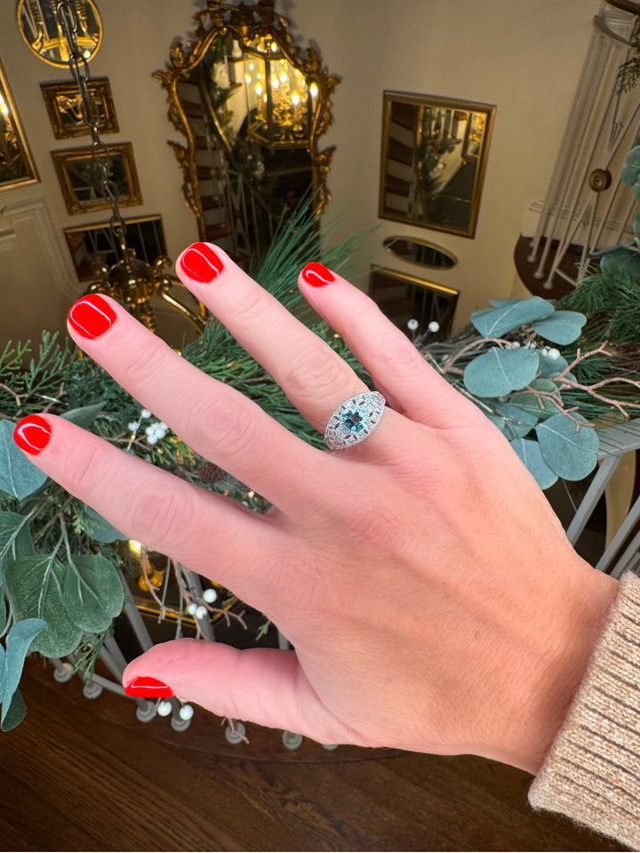 Oval Aquamarine and Diamond 14K White Gold Estate Ring