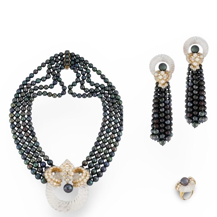 French Designer M. Gerard Rock Crystal, Tahition Pearl and Diamond Ring, Necklace and Earring, 18K Yellow Gold Suite