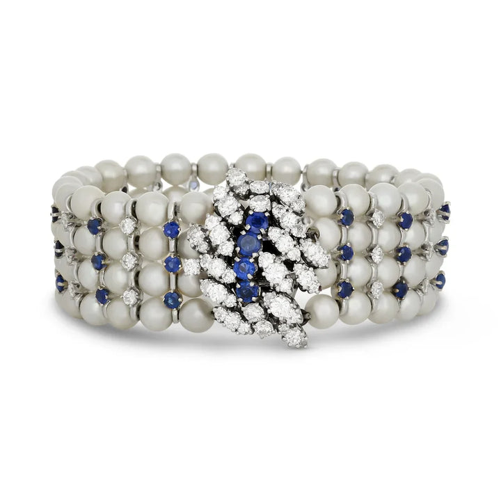 Modern 1960's Diamond, Sapphire and Cultured Pearl 14K White Gold Bracelet